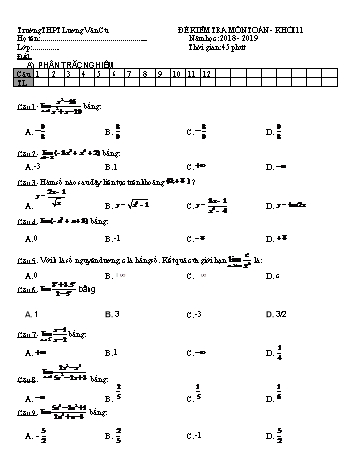 Bộ đề kiểm tra chương Giới hạn môn Đại số Lớp 11 - Năm học 2018-2019 - Trường THPT Lương Văn Cù (Có đáp án)