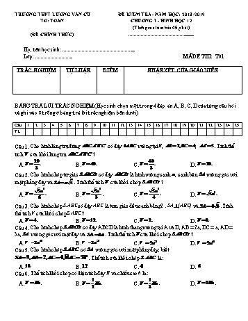 Bộ đề kiểm tra Chương I môn Hình học Lớp 12 - Năm học 2018-2019 - Trường THPT Lương Văn Cù (Có đáp án)