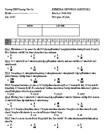 Bộ đề kiểm tra Chương II môn Giải tích Lớp 11 - Năm học 2018-2019 - Trường THPT Lương Văn Cù (Có đáp án)