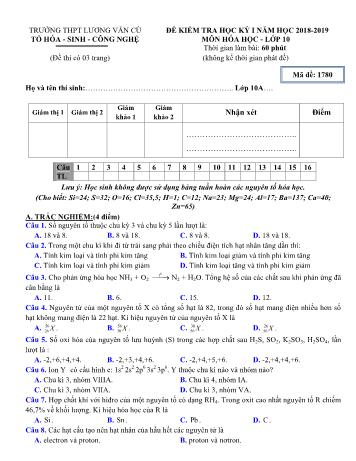 Bộ đề kiểm tra học kỳ I môn Hóa học Lớp 10 - Năm học 2018-2019 - Trường THPT Lương Văn Cù (Có đáp án và thang điểm)
