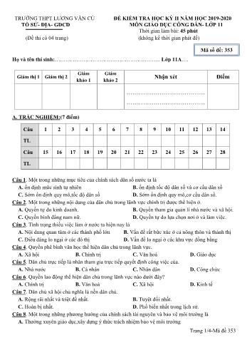 Bộ đề kiểm tra học kỳ II môn Giáo dục công dân Lớp 11 - Năm học 2019-2020 - Trường THPT Lương Văn Cù (Có đáp án)