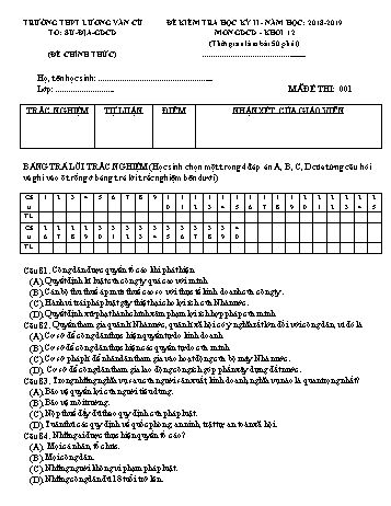 Bộ đề kiểm tra học kỳ II môn Giáo dục công dân Lớp 12 - Năm học 2018-2019 - Trường THPT Lương Văn Cù (Có đáp án)