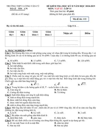 Bộ đề kiểm tra học kỳ II môn Vật lí Lớp 11 - Năm học 2018-2019 - Trường THPT Lương Văn Cù (Có đáp án)
