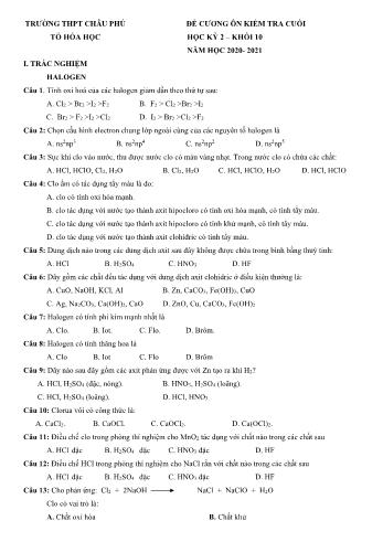 Đề cương ôn kiểm tra cuối học kỳ II môn Hóa học Lớp 10 - Năm học 2020-2021 - Trường THPT Châu Phú