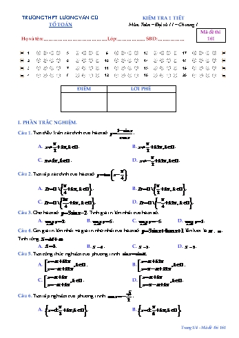 Đề kiểm tra 1 tiết Chương I môn Đại số Lớp 11 - Mã đề 161 - Năm học 2018-2019 - Trường THPT Lương Văn Cù (Có đáp án)