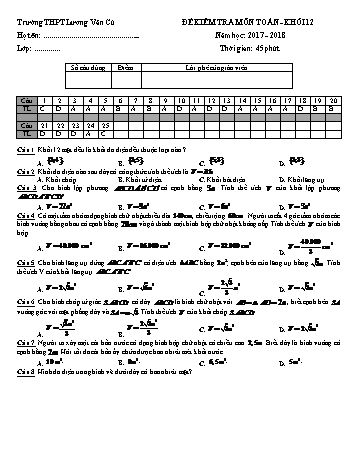 Đề kiểm tra 1 tiết Chương I môn Hình học Lớp 12 - Năm học 2017-2018 - Trường THPT Lương Văn Cù (Có đáp án)