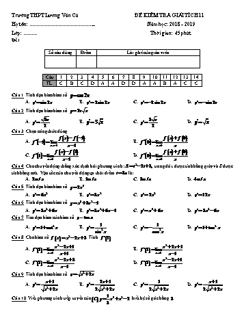 Đề kiểm tra 1 tiết Chương V môn Giải tích Lớp 12 - Năm học 2018-2019 - Trường THPT Lương Văn Cù