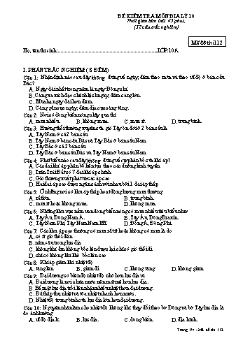 Đề kiểm tra 1 tiết học kỳ I môn Địa lí Lớp 10 - Mã đề 112 - Trường THPT Lương Văn Cù