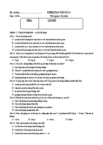 Đề kiểm tra 1 tiết lần 1 học kỳ I môn Vật lí Lớp 10 - Năm học 2019-2020 - Trường THPT Lương Văn Cù