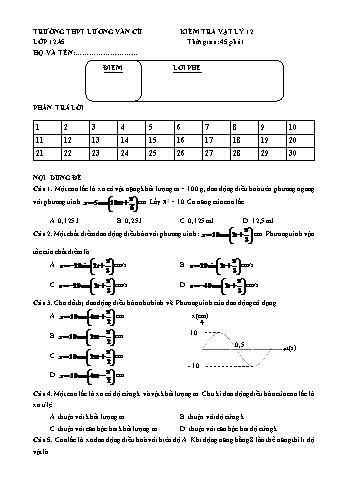 Đề kiểm tra 1 tiết lần 1 học kỳ I môn Vật lí Lớp 12 - Năm học 2019-2020 - Trường THPT Lương Văn Cù