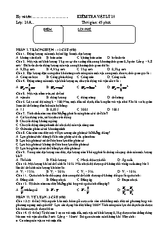 Đề kiểm tra 1 tiết lần 2 học kỳ I môn Vật lí Lớp 10 - Năm học 2019-2020 - Trường THPT Lương Văn Cù