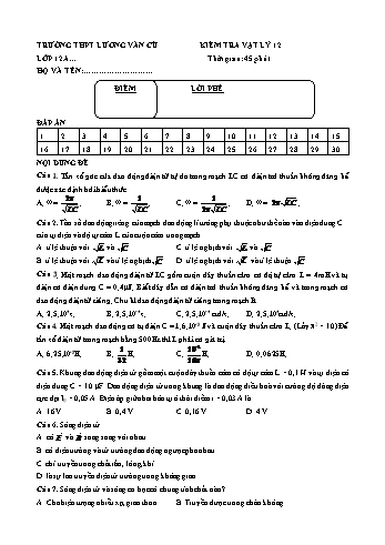 Đề kiểm tra 1 tiết lần 2 học kỳ I môn Vật lí Lớp 12 - Năm học 2019-2020 - Trường THPT Lương Văn Cù