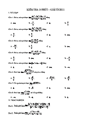 Đề kiểm tra 15 phút chương Giới hạn môn Giải tích Lớp 11