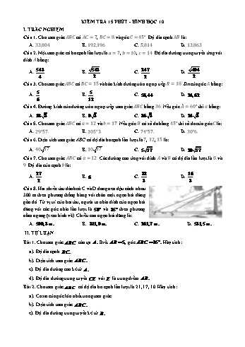 Đề kiểm tra 15 phút chương Hệ thức lượng môn Hình học Khối 10