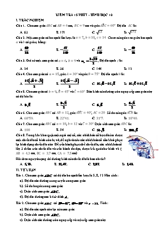 Đề kiểm tra 15 phút chương Hệ thức lượng môn Hình học Lớp 10