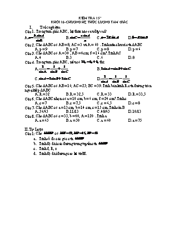 Đề kiểm tra 15 phút chương Hệ thức lượng tam giác môn Hình học Lớp 10