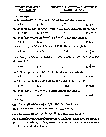 Đề kiểm tra 15 phút Chương II môn Hình học Lớp 10 - Trường THCS & THPT Mỹ Hòa Hưng