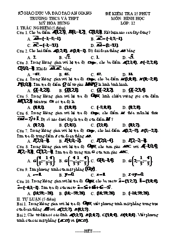 Đề kiểm tra 15 phút môn Hình học Lớp 12 - Trường THCS & THPT Mỹ Hòa Hưng