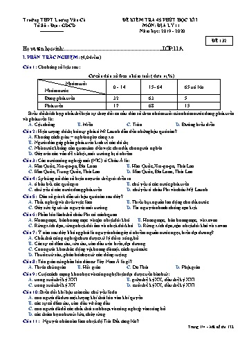 Đề kiểm tra 45 phút học kì I môn Địa lí Lớp 11 - Mã đề 132 - Năm học 2019-2020 - Trường THPT Lương Văn Cù