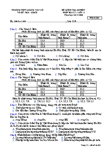 Đề kiểm tra 45 phút học kì I môn Địa lí Lớp 12 - Mã đề 001 - Năm học 2019-2020 - Trường THPT Lương Văn Cù