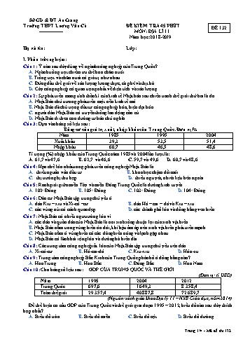 Đề kiểm tra 45 phút học kỳ II môn Địa lí Lớp 11 - Mã đề 132 - Năm học 2018-2019 - Trường THPT Lương Văn Cù