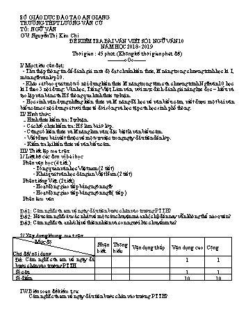 Đề kiểm tra bài văn viết số 1, 2 môn Ngữ văn Lớp 10 - Năm học 2018-2019 - Nguyễn Thị Kim Chi (Có đáp án và thang điểm)