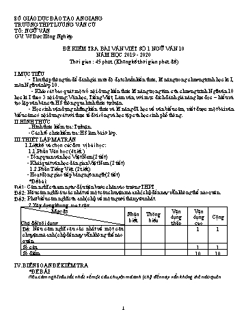 Đề kiểm tra bài viết số 1 môn Ngữ văn Lớp 10 - Năm học 2019-2020 - Võ Đức Hồng Nghiệp (Có đáp án và thang điểm)