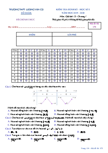 Đề kiểm tra Chương I môn Giải tích Lớp 12 - Mã đề 173 - Năm học 2019-2020 - Trường THPT Lương Văn Cù