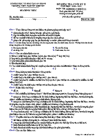 Đề kiểm tra cuối học kỳ II môn Sinh học Lớp 11 - Mã đề 359 - Năm học 2020-2021 - Trường THPT Nguyễn Khuyến