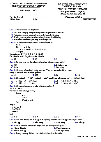 Đề kiểm tra cuối học kỳ II môn Tin học Lớp 11 - Mã đề 207 - Năm học 2020-2021 - Trường THPT Nguyễn Khuyến
