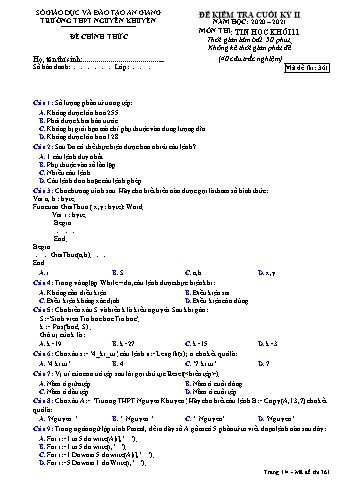 Đề kiểm tra cuối học kỳ II môn Tin học Lớp 11 - Mã đề 361 - Năm học 2020-2021 - Trường THPT Nguyễn Khuyến