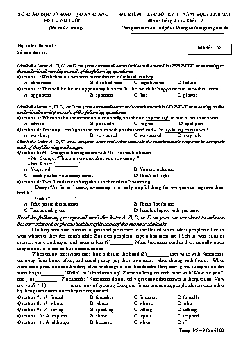Đề kiểm tra cuối kỳ I môn Tiếng Anh Lớp 12 - Mã đề 102 - Năm học 2020-2021 - Sở GD&ĐT An Giang