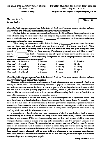 Đề kiểm tra cuối kỳ I môn Tiếng Anh Lớp 12 - Mã đề 103 - Năm học 2020-2021 - Sở GD&ĐT An Giang