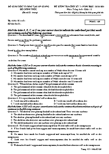 Đề kiểm tra cuối kỳ I môn Tiếng Anh Lớp 12 - Mã đề 104 - Năm học 2020-2021 - Sở GD&ĐT An Giang