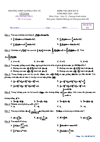 Đề kiểm tra học kì II môn Toán Lớp 12 (Chương trình chuẩn) - Mã đề 431 - Năm học 2018-2019 - Trường THPT Lương Văn Cù