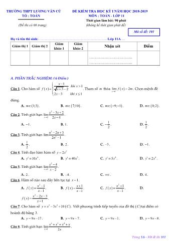 Đề kiểm tra học kỳ 1 môn Toán Lớp 11 - Mã đề 101 - Năm học 2018-2019 - Trường THPT Lương Văn Cù