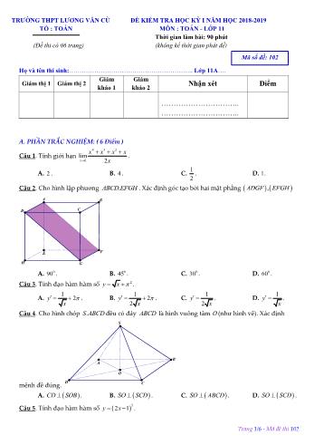 Đề kiểm tra học kỳ 1 môn Toán Lớp 11 - Mã đề 102 - Năm học 2018-2019 - Trường THPT Lương Văn Cù