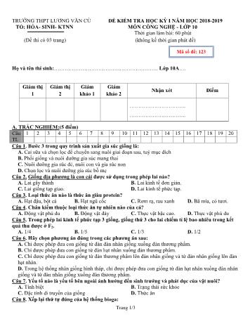 Đề kiểm tra học kỳ I môn Công nghệ Lớp 10 - Mã đề 123 - Năm học 2018-2019 - Trường THPT Lương Văn Cù