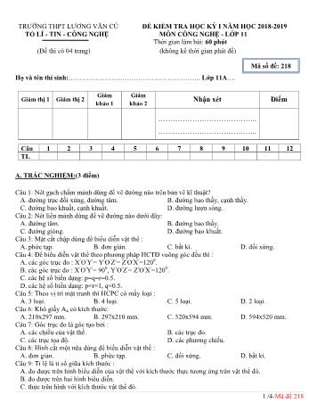 Đề kiểm tra học kỳ I môn Công nghệ Lớp 11 - Mã đề 218 - Năm học 2018-2019 - Trường THPT Lương Văn Cù