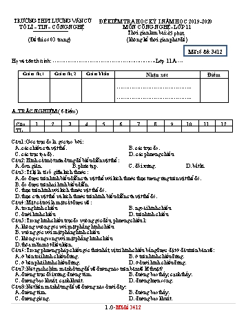 Đề kiểm tra học kỳ I môn Công nghệ Lớp 11 - Mã đề 3412 - Năm học 2019-2020 - Trường THPT Lương Văn Cù