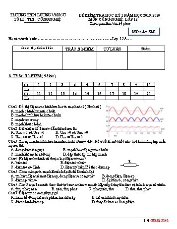 Đề kiểm tra học kỳ I môn Công nghệ Lớp 12 - Mã đề 2341 - Năm học 2019-2020 - Trường THPT Lương Văn Cù