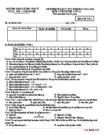 Đề kiểm tra học kỳ I môn Công nghệ Lớp 12 - Mã đề 3412 - Năm học 2019-2020 - Trường THPT Lương Văn Cù