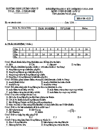 Đề kiểm tra học kỳ I môn Công nghệ Lớp 12 - Mã đề 4123 - Năm học 2019-2020 - Trường THPT Lương Văn Cù