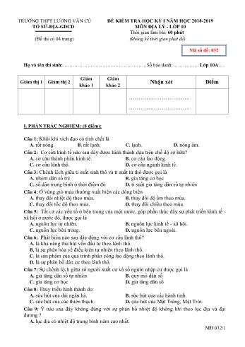 Đề kiểm tra học kỳ I môn Địa lí Lớp 10 - Mã đề 032 - Năm học 2018-2019 - Trường THPT Lương Văn Cù