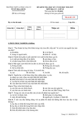 Đề kiểm tra học kỳ I môn Địa lí Lớp 10 - Mã đề 139 - Năm học 2018-2019 - Trường THPT Lương Văn Cù