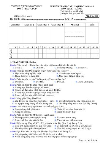 Đề kiểm tra học kỳ I môn Địa lí Lớp 11 - Mã đề 001 - Năm học 2018-2019 - Trường THPT Lương Văn Cù