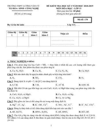 Đề kiểm tra học kỳ I môn Hóa học Lớp 11- Mã đề 178 - Năm học 2018-2019 - Trường THPT Lương Văn Cù