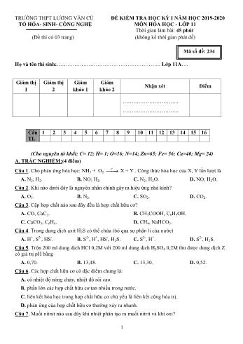 Đề kiểm tra học kỳ I môn Hóa học Lớp 11 - Mã đề 234 - Năm học 2019-2020 - Trường THPT Lương Văn Cù