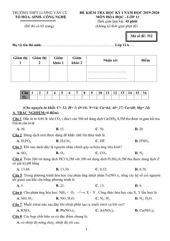 Đề kiểm tra học kỳ I môn Hóa học Lớp 11 - Mã đề 352 - Năm học 2019-2020 - Trường THPT Lương Văn Cù