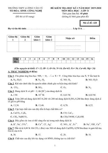 Đề kiểm tra học kỳ I môn Hóa học Lớp 11 - Mã đề 428 - Năm học 2019-2020 - Trường THPT Lương Văn Cù